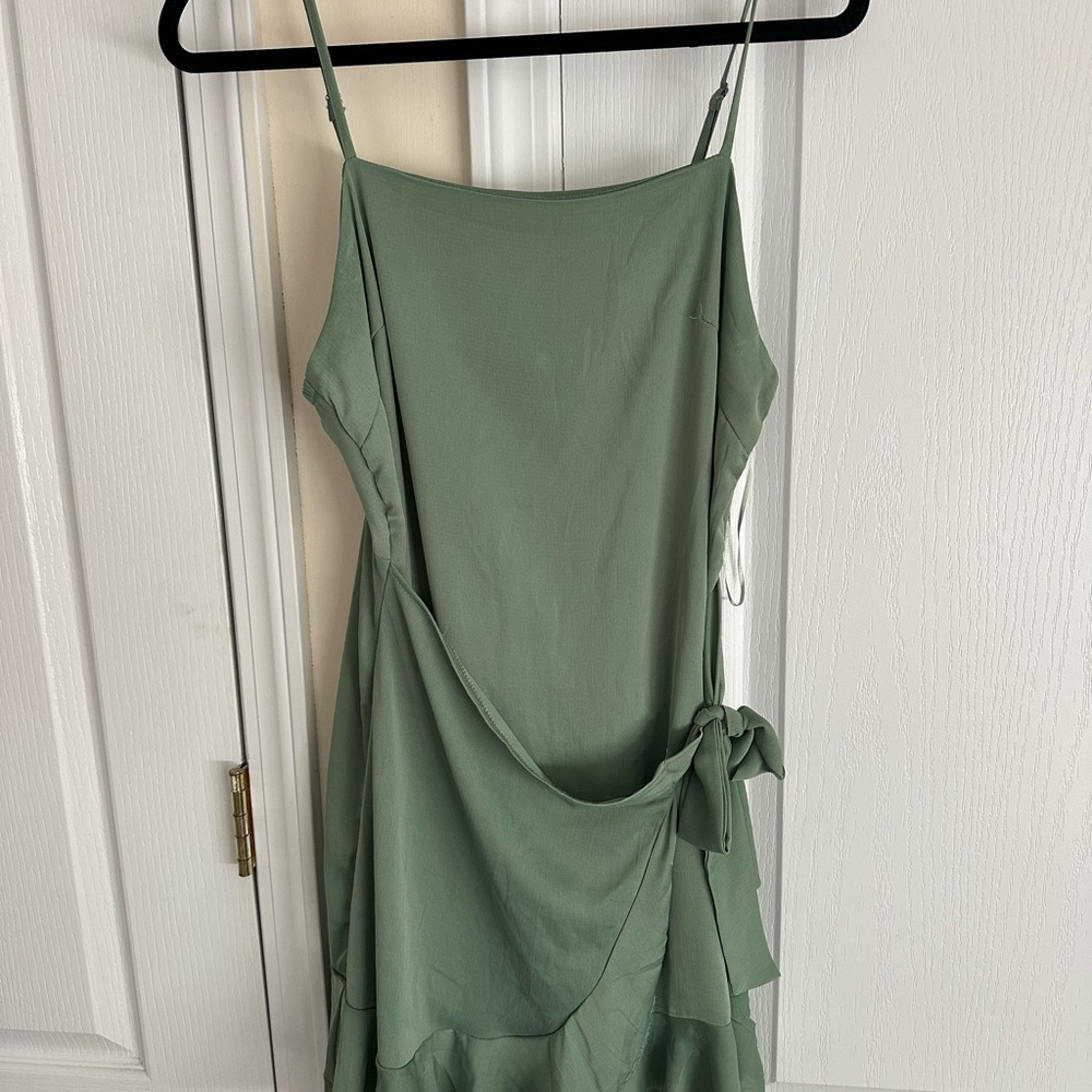 Sage Green Spaghetti Strap Wrap Dress from Lucy in the Sky